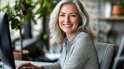 Poster - Happy Woman Working on Computer in Bright Office