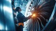 © Sirichat. Camphol - Close-up of an aircraft engine repair in progress, with technicians inspecting turbine blades and engine components for safety checks.