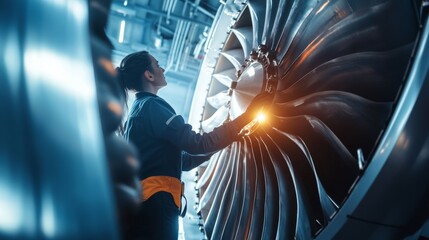 Close-up of an aircraft engine repair in progress, with technicians inspecting turbine blades and engine components for safety checks.