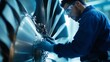 © Sirichat. Camphol - Close-up of an aircraft engine repair in progress, with technicians inspecting turbine blades and engine components for safety checks.
