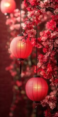 This image features two glowing lanterns hanging amidst a flurry of cherry blossoms, lighting up the scene with soft red hues, symbolizing warmth, beauty, and serenity.