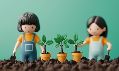 Two children plant seedlings in pots, engaging with nature and gardening against a vibrant green background.