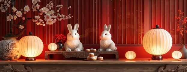 Two rabbit sculptures placed on a wooden table, surrounded by lanterns and cherry blossoms, celebrating Lunar New Year. The scene is warmly lit with festive decorations.