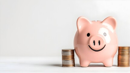 Piggy bank with coins stacked in increasing height against a white background representing the growth and progress of financial planning savings and investment strategies