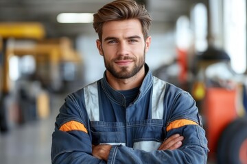 A confident man wearing work attire poses with arms crossed in an industrial setting, conveying professionalism and expertise. The blurred background suggests a bustling environment.