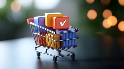 Neumorphic 3D shopping cart icon with a purple gradient line art style and pin buttons representing online shopping tools and e commerce functionalities