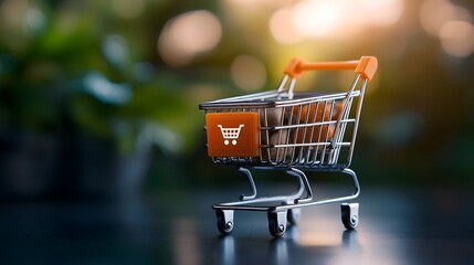 Wall Mural - Neumorphic Shopping Cart with Soft 3D Pin Buttons and Outlined Symbols Representing a Supermarket Basket and Ecommerce