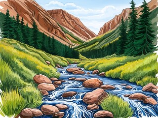 Canvas Print - Mountain streams hand drawn painted painting illustration on plain white background