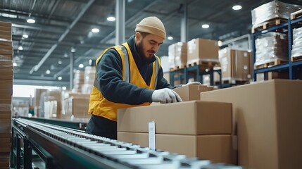 Efficient Warehouse Worker Sorting Packages on Conveyor Belt