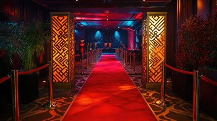 A lavish red carpet scene with gleaming gold barriers and dramatic lighting, capturing the luxurious atmosphere of an exclusive event, awaiting celebrity guests