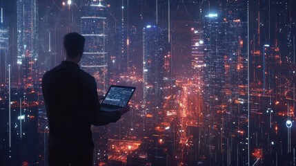 Canvas Print - Big data, digital technology, internet network connection, futristic technology background. Man using mibile phobe and laptop and smart city