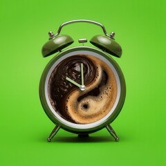 A clock designed to showcase coffee swirling within its face creates a dreamy effect. The rich brown liquid contrasts with the vivid green background, evoking feelings of energy and creativity.