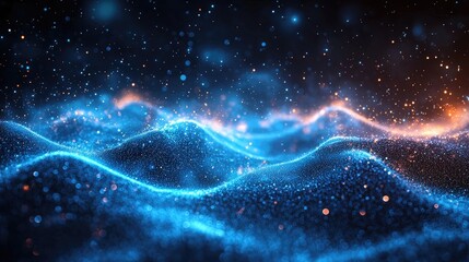 Wall Mural - abstract blue and orange glowing particles moving in waves.