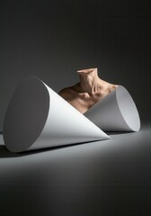 A striking abstract composition displays a headless torso positioned between two large, white conical shapes. The interplay of light and shadow emphasizes the smooth contours of the body and the geome