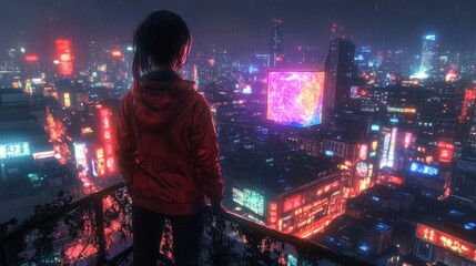 An illustration painting of a man standing on a balcony and viewing a futuristic city with colored lights, digital art style