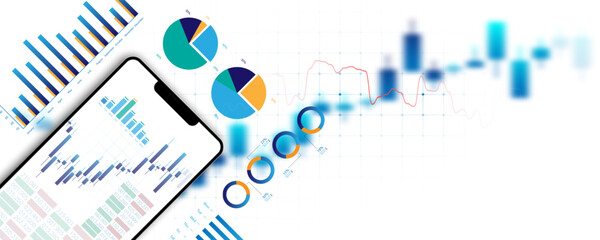 Wall Mural - technology background, analytics, sales graph, financial marketing on smartphone and billboard desig