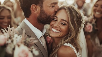 Elegant bride in lace and groom in suit share a joyful kiss, with family and friends in the background celebrating their beautiful wedding day in warm light.