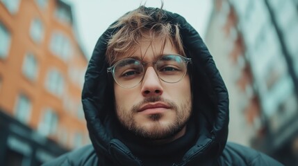 A young man with stylish glasses and casual attire reflects deeply in a bustling autumn urban environment, highlighting contrast between person and setting.