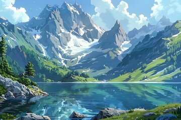 Wall Mural - Serene Mountain Landscape with Crystal Clear Lake and Lush Greenery