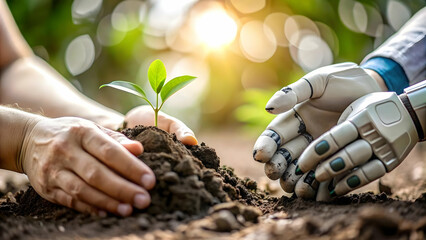 Human Robot Hands Planting Seedling Together Soft Abstract Image Growth Nurturing Collaboration Ample Copy Space Photo Stock Concept