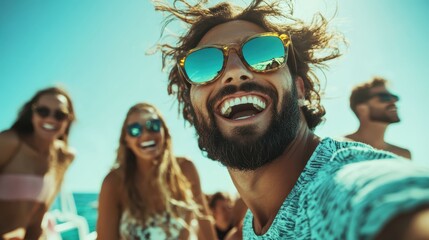 A group of friends takes a selfie on a sunny beach, capturing their happiness and the radiant energy of a perfect summer's day filled with laughter and unity.