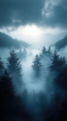 eerie landscape shrouded in dark clouds and fog creating a mysterious atmosphere with a blurred backdrop where soft light breaks through the dense mist to invoke a sense of intrigue