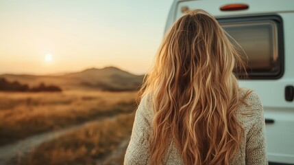 A woman is seen from behind, gazing at a sunset over hills while leaning on a van. This scenic moment represents tranquility, reflection, and connection with nature.