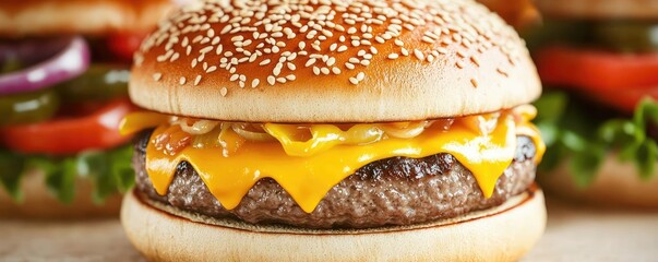 Close-up of a delicious cheeseburger with sesame seed bun, lettuce, and tomato.