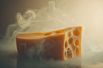 Canvas Print - A Slice of Swiss Cheese with Smoke Rising Around It