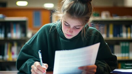 Poster - A student studies diligently in a library, focused on reading and taking notes.