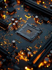 Wall Mural -  Close-up of motherboard with glowing circuits, showcasing intricate layout of electronic components. Depicts modern computing power and technological advancement.