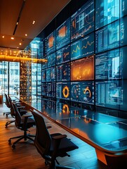 Wall Mural -  Futuristic control room with glowing screens displaying data charts and analytics, designed for tech monitoring.