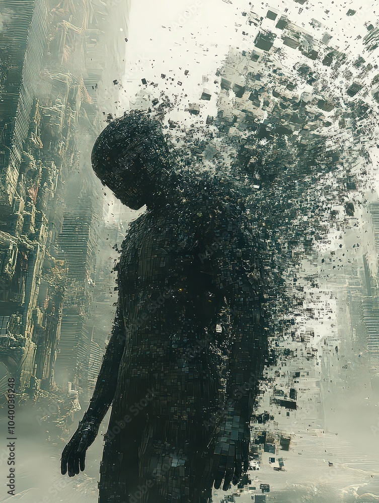 Abstract figure dissolving into tiny cubes, representing feelings of ...
