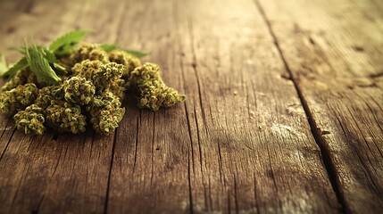 Close-up of marijuana buds on a rustic wooden table with soft natural lighting