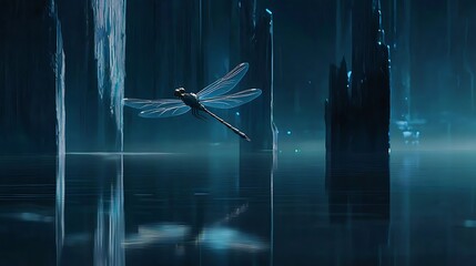 Aufkleber - A metallic dragonfly hovers gracefully over a surreal futuristic lake surrounded by mystical crystals and reflections in a dreamlike landscape
