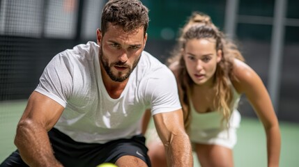 A man and woman intensely focus during a fierce doubles tennis match, capturing the dynamic energy and teamwork involved in the sport on a bright day.