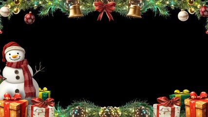 christmas frame with snowman, presents gift, bells, candy cane, leafs and light shinning, with trans