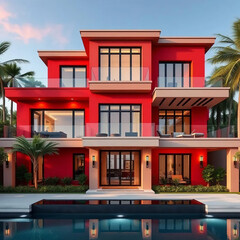 Modern luxury villa exterior with big swimming pool, red color