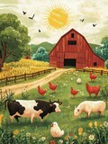  Playful cartoon-style farm illustration featuring oversized cows, chickens, and pigs scattered around a colorful barn, creating a whimsical and fun farm scene.