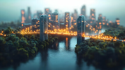 3D Floating Bridge Connecting Profit Community Tracking Shot Abstract Glowing Bridge Two Floating Islands Skyscrapers Diverse Neighborhood Business Figures ESG Compromise Bokeh Background Iconic Desig