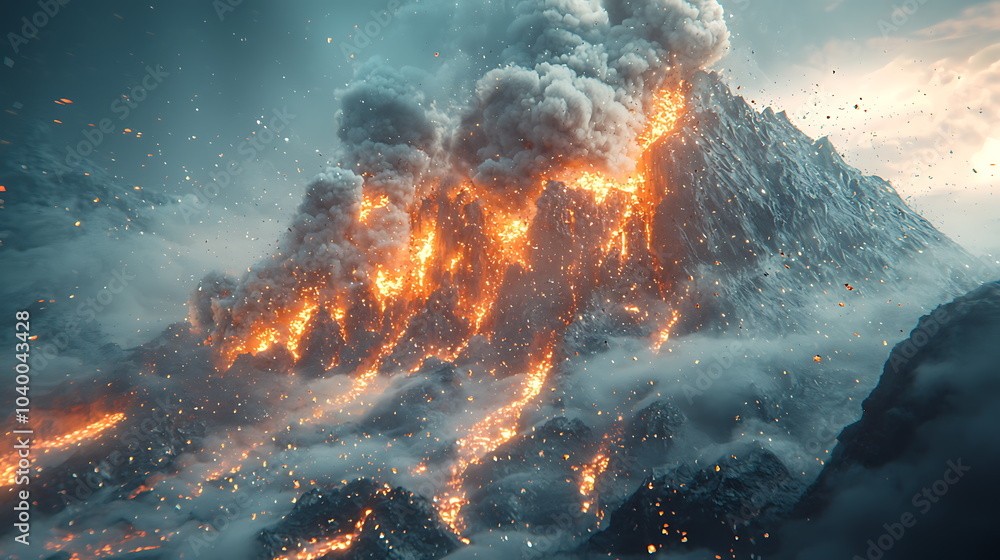 Majestic volcanic eruption flowing lava and dramatic smoke clouds ...
