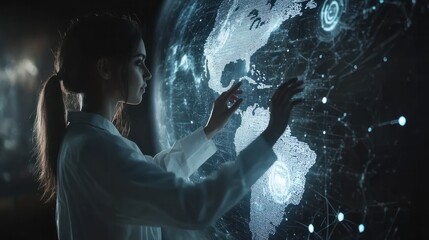 Canvas Print - Female Technician touching on digital globe screen, future technology concept