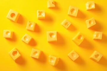 Canvas Print - Yellow Cheese Cubes Scattered on Yellow Background