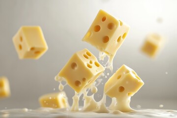 Canvas Print - Swiss Cheese Cubes Splashing into Milk