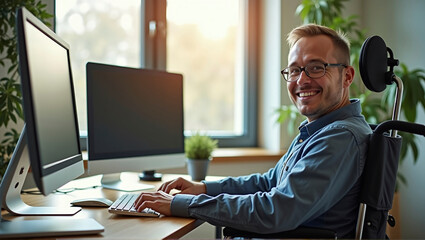 Smiling person in wheelchair working at office desk in corporate business environment, inclusion - ai generated