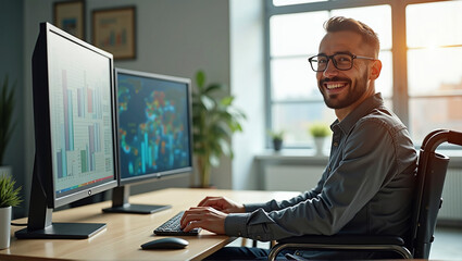 Smiling person in wheelchair working at office desk in corporate business environment, inclusion - ai generated