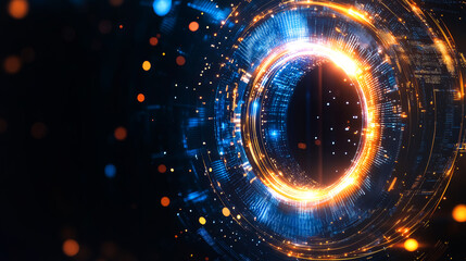 Wall Mural - digital blue and golden tech circle on dark background with copy space. science, universe, futuristi