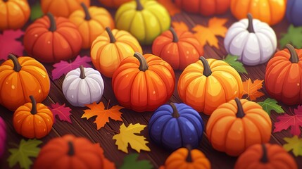 Canvas Print - Colorful Pumpkins and Autumn Leaves on Wooden Table.