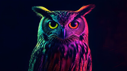 Wall Mural - owl with color light on dark background