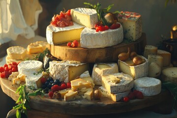 Canvas Print - Assortment of Cheeses on Wooden Platter with Berries